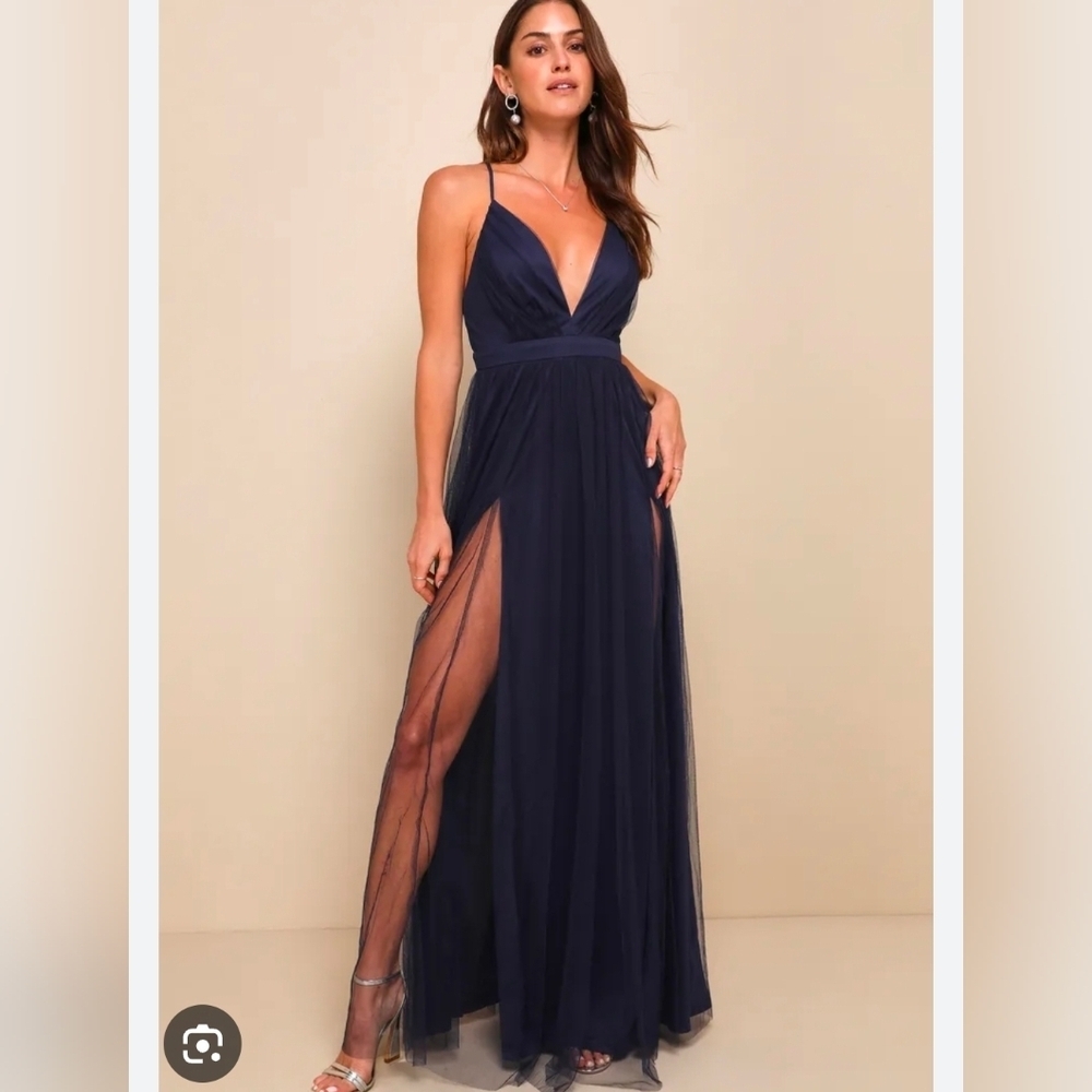 Maniju Navy Blue Plunge Maxi Dress